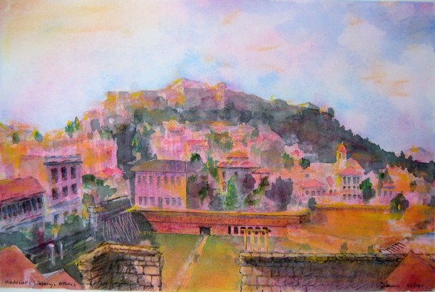 Acropolis, view from Hadrian’s Library - 2, watercolor/pen and ink/pastel, March 1 2014, by U.S. Ambassador to Greece David D. Pearce