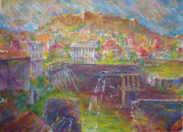 Acropolis, view from Hadrian’s Library - 3, watercolor/pastel, March 28 2014, by U.S. Ambassador to Greece David D. Pearce