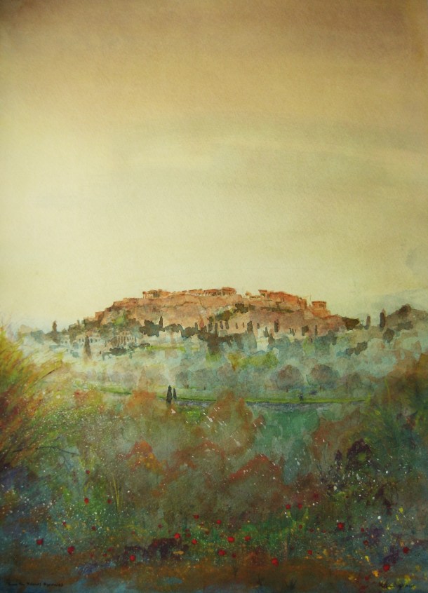 Acropolis, view from Kolonos Agoraios, above Agora, watercolor, May 10 2014, by U.S. Ambassador to Greece David D. Pearce