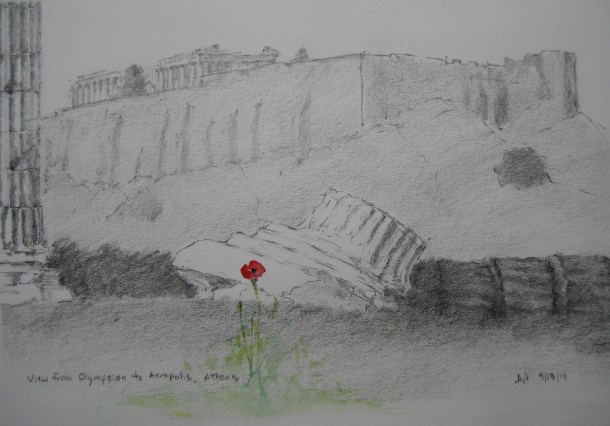 Acropolis, view from Olympeion, with poppy, pencil sketch/watercolor, September 13 2014, by U.S. Ambassador to Greece David D. Pearce